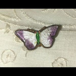 Antique Butterfly Brooch Purple White Enamel Brass Pin Art Nouveau Vintage